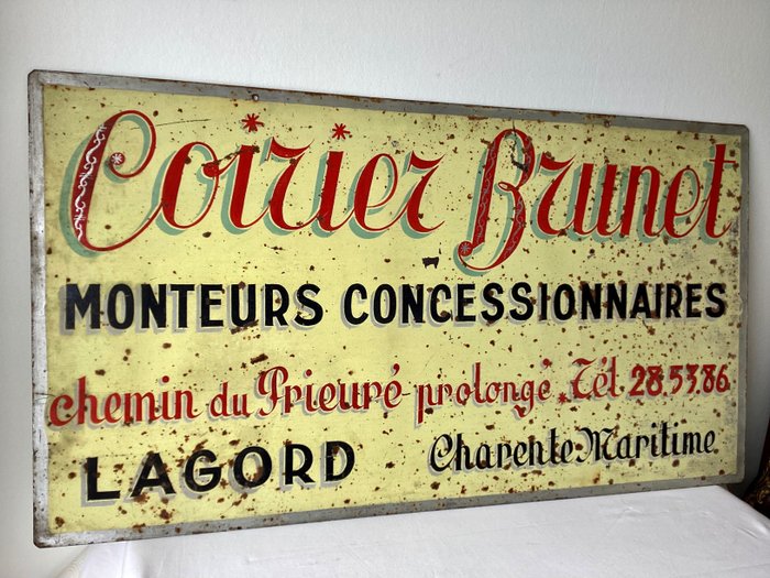 COIRIER BRUNET  MOTEURS CONCESSIONNAIRES  Lagord Charente Maritime - Reklameplakat - Gammelt industrielt metal reklamepanel 1940-1950 __ 55 x 100 cm