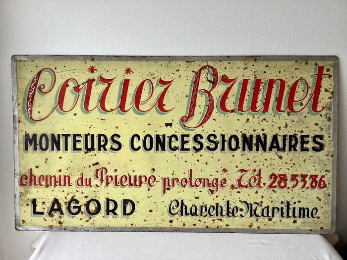 COIRIER BRUNET  MOTEURS CONCESSIONNAIRES  Lagord Charente Maritime - Reklameplakat - Gammelt industrielt metal reklamepanel 1940-1950 __ 55 x 100 cm