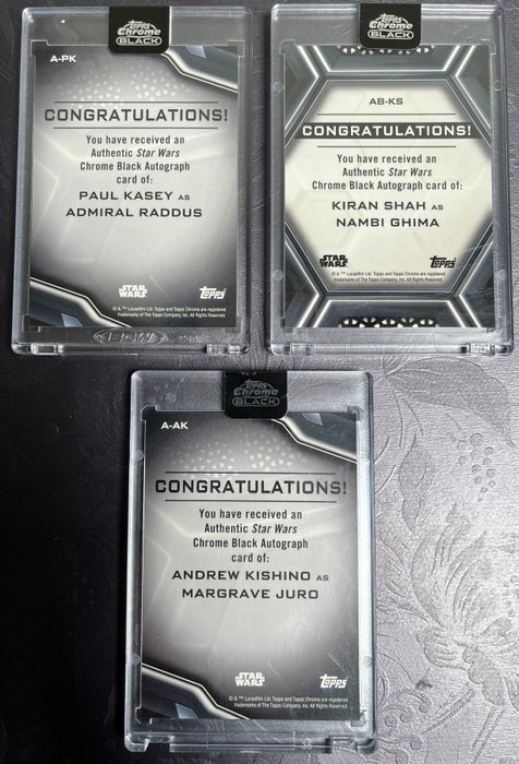 Topps - 3 Card - Star Wars Chrome Black 2022 2023 - 3x autograph cards - Kiran Shah Paul Kasey Andrew Kishino - Nambi Ghima Admiral Raddus Margrave Juro