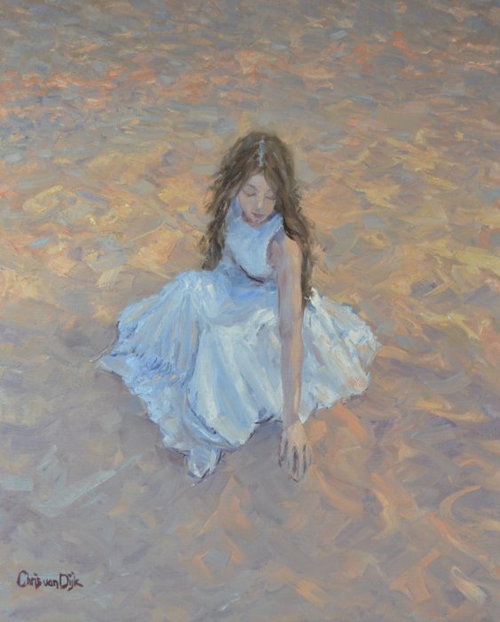 Chris van Dijk  (1952) Impressionist - " Girl on the beach with sunset "