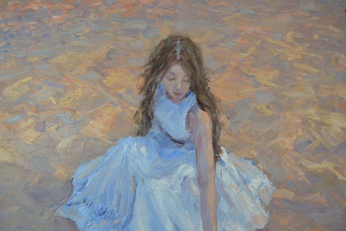 Chris van Dijk  (1952) Impressionist - " Girl on the beach with sunset "