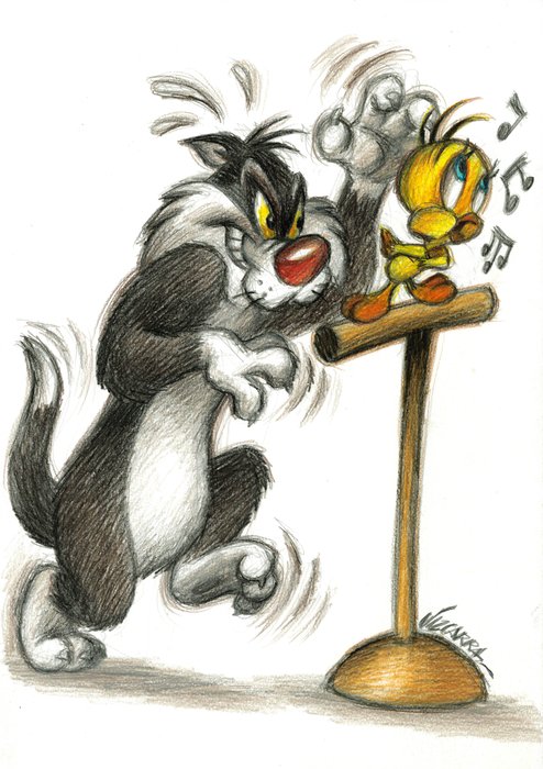 Joan Vizcarra - Sylvester and Tweety: Just About Caught, Calm as Ever! - Original Pencil Drawing - Hand Signed