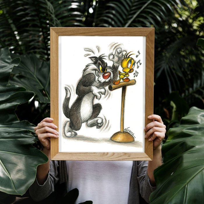 Joan Vizcarra - Sylvester and Tweety: Just About Caught, Calm as Ever! - Original Pencil Drawing - Hand Signed