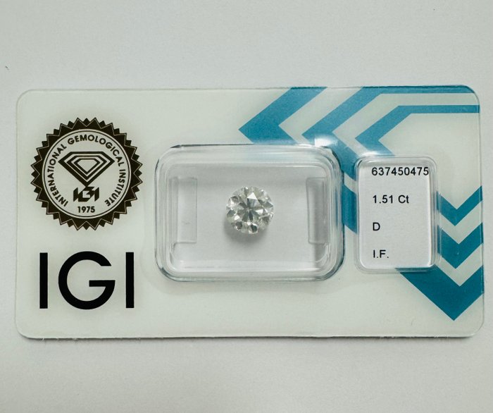 1 pcs Diamant  (Natur)  - 1.51 ct - Rund - D (farveløs) - IF - International Gemological Institute (IGI) - *VG EX*