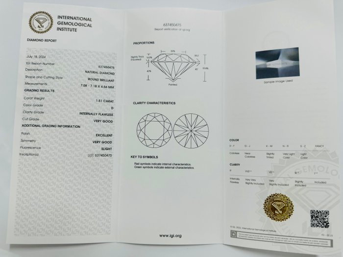 1 pcs Diamant  (Natur)  - 1.51 ct - Rund - D (farveløs) - IF - International Gemological Institute (IGI) - *VG EX*