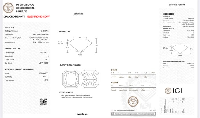 1 pcs Diamant  (Natur)  - 1.21 ct - Radiant - I - VS1 - International Gemological Institute (IGI)