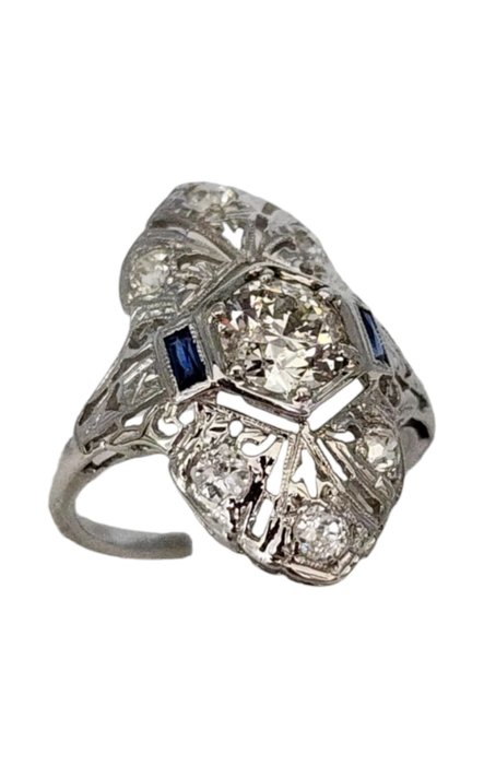 Ring - 18 kraat Hvidguld, Smuk Art Deco 18K hvidguld, diamanter og safirring 0,90 karat -  1.00ct. tw. Diamant (Natur)  - Safir