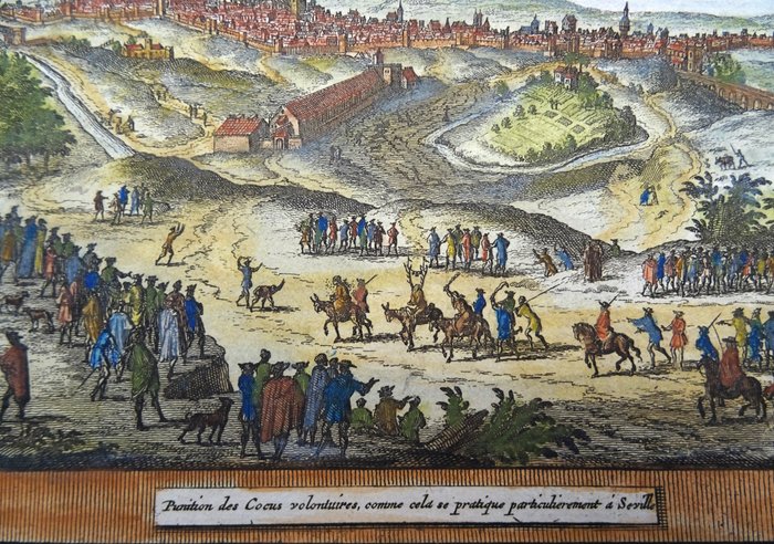 Spanien - Sevilla, Katedral, Giralda, Procession; Van der Aa / Alvarez de Colmenar - Punitions des cocus volontaires, comme cela se pratique particulierment a Seville - 1701-1720