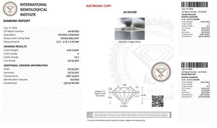 Ingen mindstepris - 1 pcs Diamant  (Natur)  - 040 ct - Rund - H - VS2 - International Gemological Institute (IGI) - *3EX VSL*