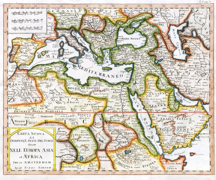 Middelhavet - Europa Nordafrika Mellemøsten; T. Salmon - Carta nuova del dominio e Stati del Turco situati nell'Europa, Asia ed Africa - 1721-1750