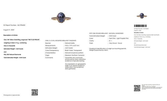 Ingen mindstepris - Ring - 14 karat Gulguld -  372ct tw Tanzanit - Diamant - IGI 322 ct lavendel