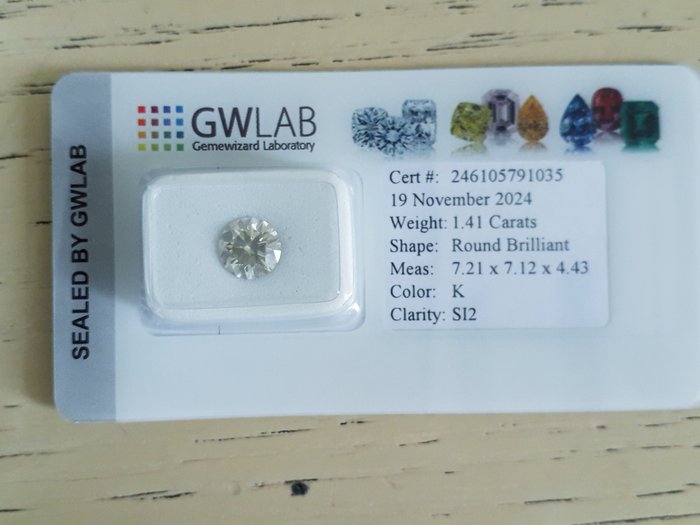 Ingen mindstepris - 1 pcs Diamant  (Natur)  - 1.41 ct - Rund - K - SI2 - Gemewizard Gemological Laboratory (GWLab)