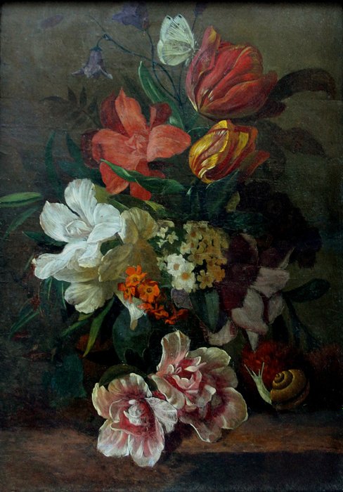 Dutch or German School (XVIII-XIX) - Still life with flowers butterfly and snail