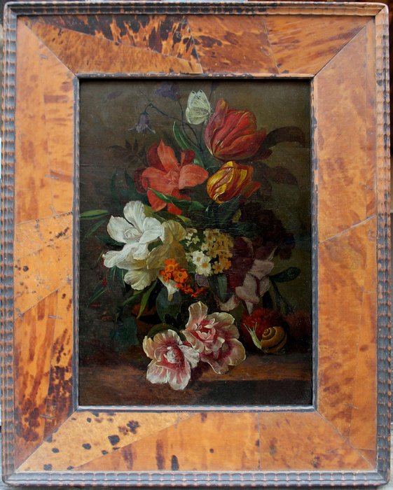 Dutch or German School (XVIII-XIX) - Still life with flowers butterfly and snail