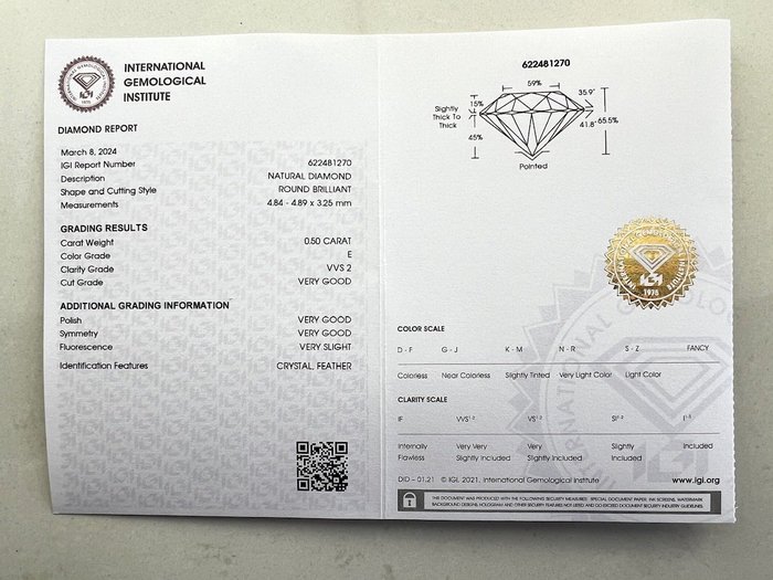 1 pcs Diamant  (Natur)  - 050 ct - Rund - E - VVS2 - International Gemological Institute (IGI)