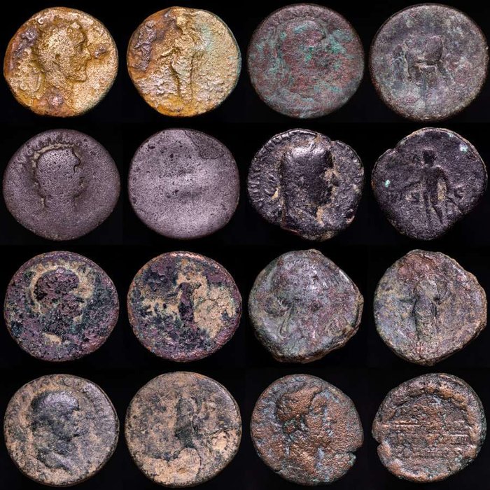 Romarriket. Lot comprising eight (8) late roman bronze coins minted between III-IV centuries A.D. Ases, Vespasian (3), Domitian, Antoninus Pius, Faustina II, Commodus and Trebonianus Gallus.  (Ingen mindstepris)