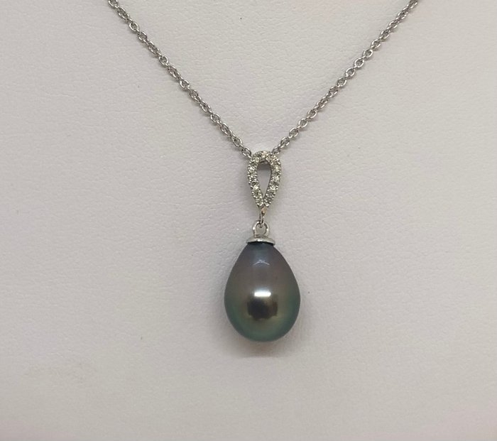 Halskæde med vedhæng Tahitian Drop Pearl - Hvidguld 18K -  0.06ct. tw. Diamant (Natur)