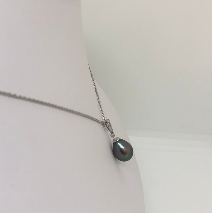 Halskæde med vedhæng Tahitian Drop Pearl - Hvidguld 18K -  0.06ct. tw. Diamant (Natur)