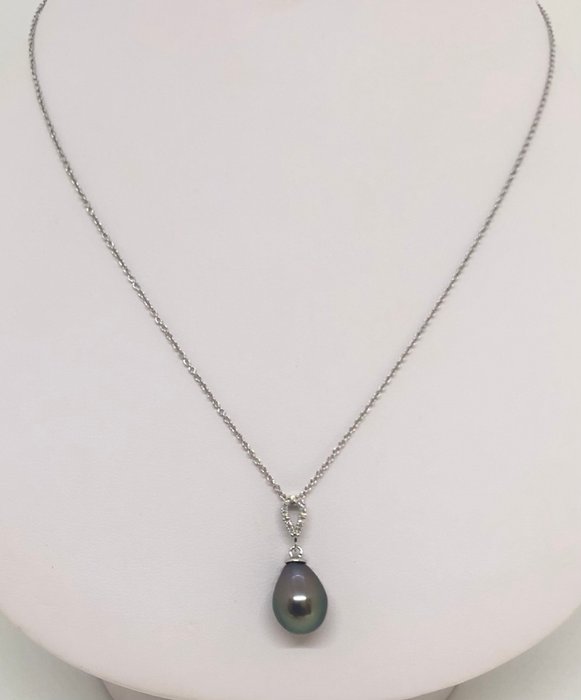 Halskæde med vedhæng Tahitian Drop Pearl - Hvidguld 18K -  0.06ct. tw. Diamant (Natur)