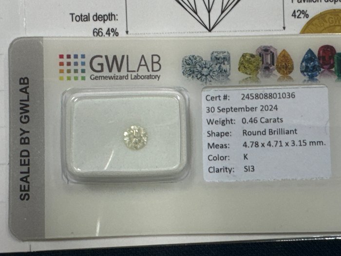 Ingen mindstepris - 1 pcs Diamant  (Natur)  - 0.46 ct - Rund - K - SI3 - Gemewizard Gemological Laboratory (GWLab)