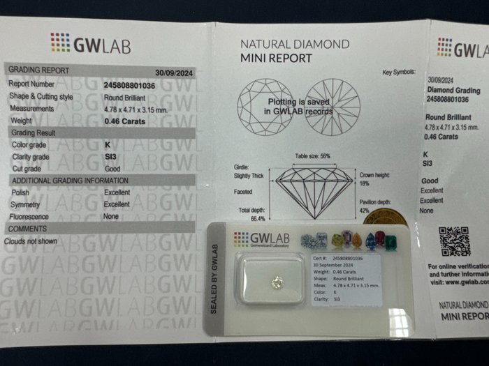 Ingen mindstepris - 1 pcs Diamant  (Natur)  - 0.46 ct - Rund - K - SI3 - Gemewizard Gemological Laboratory (GWLab)