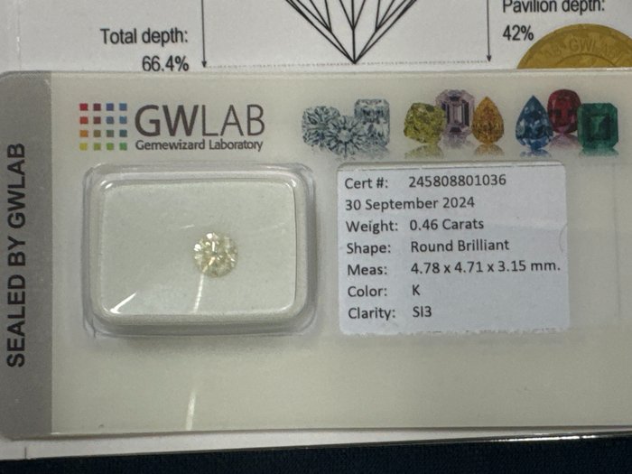 Ingen mindstepris - 1 pcs Diamant  (Natur)  - 0.46 ct - Rund - K - SI3 - Gemewizard Gemological Laboratory (GWLab)