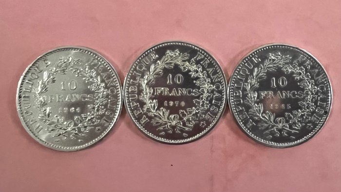 Frankrig. 10 Francs 1965/1970 Hercule (lot de 3 monnaies en argent)  (Ingen mindstepris)