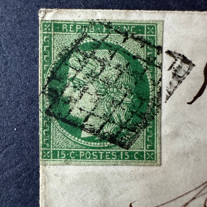 Frankrig  - YT 2 "Cérès 15c green" på bogstav i OBL + rødt stempel - B/TB