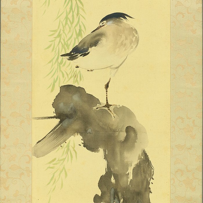 Heron Standing on Old Tree and Willow with Original Box (Tomobako) - with signature and seal 'Chikuho' 竹鳳 - Japan  (Ingen mindstepris)