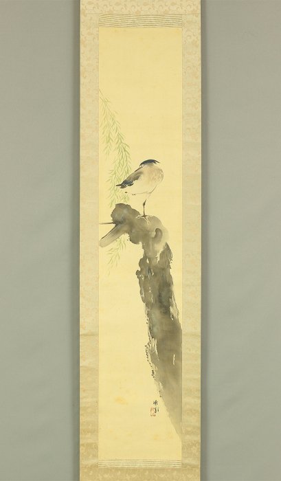 Heron Standing on Old Tree and Willow with Original Box (Tomobako) - with signature and seal 'Chikuho' 竹鳳 - Japan  (Ingen mindstepris)