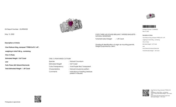 Ring Platin -  1.96ct. tw. Rubin - Diamant - LIVLIG LILLA RØD