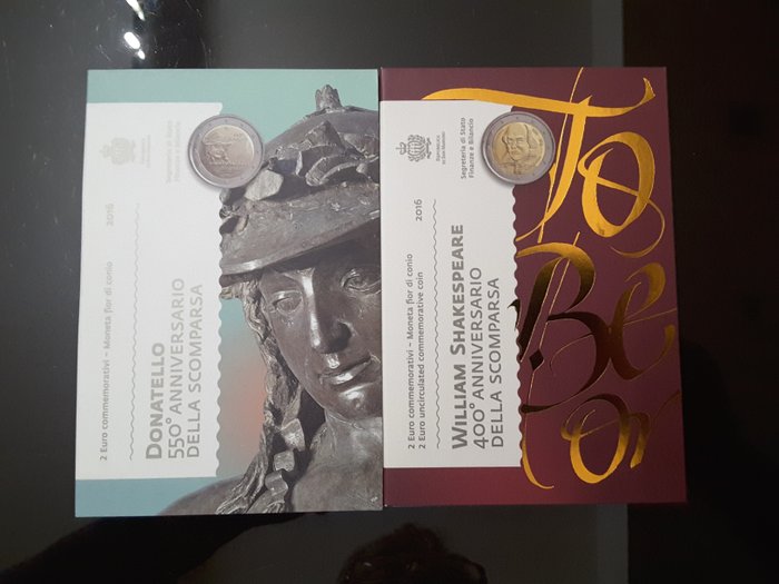 San Marino. 2 Euro 2016 "Donatello" + "William Shakespeare" (2 monete)  (Ingen mindstepris)