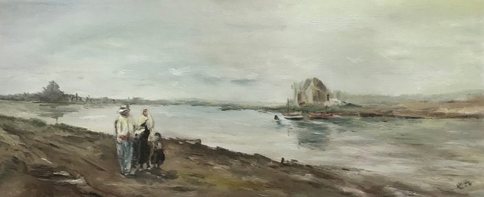 W Mulder  ( 1908-1992 ) - Landschap met personen kijkend over het water