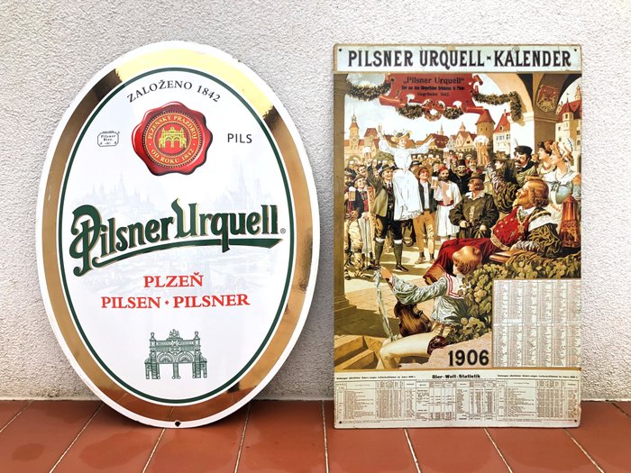 Original Pilsner Urquell Czech Lager Beer - Emaljeskilt - Gammelt vintage emalje  blikskilt