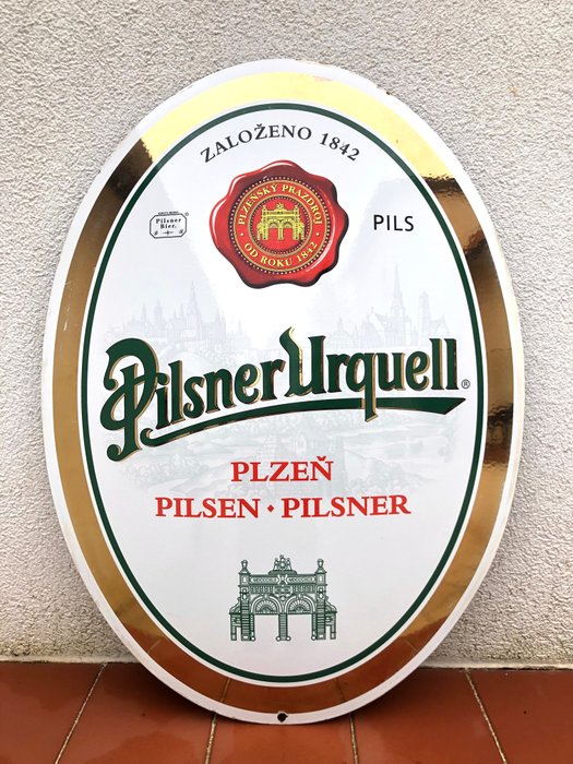 Original Pilsner Urquell Czech Lager Beer - Emaljeskilt - Gammelt vintage emalje  blikskilt