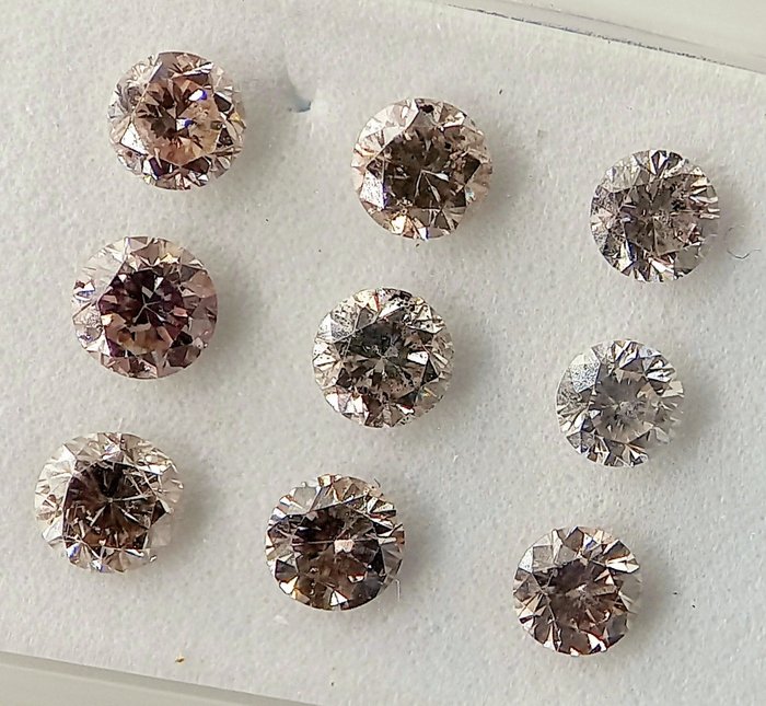 Ingen mindstepris - 9 pcs Diamant  (Naturfarvet)  - 098 ct - Rund - Light Brunlig Lyserød - I1 SI1 - Antwerp Laboratory for Gemstone Testing (ALGT)