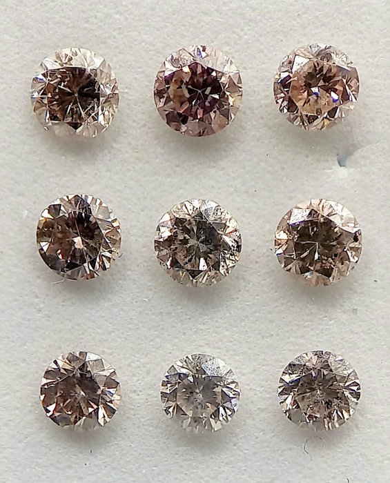 Ingen mindstepris - 9 pcs Diamant  (Naturfarvet)  - 098 ct - Rund - Light Brunlig Lyserød - I1 SI1 - Antwerp Laboratory for Gemstone Testing (ALGT)