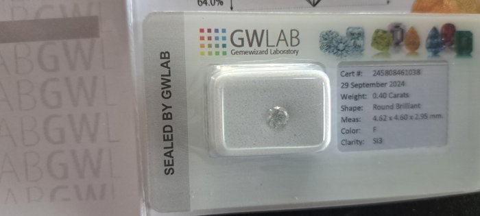 Ingen mindstepris - 1 pcs Diamant  (Natur)  - 0.40 ct - Rund - F - SI3 - Gemewizard Gemological Laboratory (GWLab)