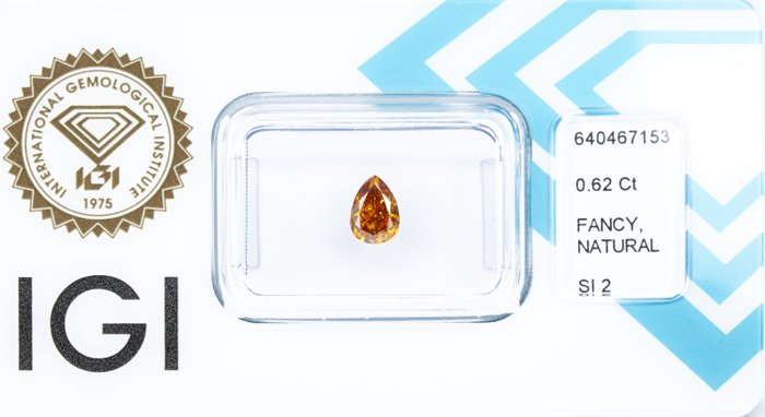 Ingen mindstepris - 1 pcs Diamant  (Naturfarvet)  - 0.62 ct - Pære - Fancy deep Gul Orange - SI2 - International Gemological Institute (IGI)