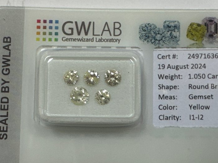 Ingen mindstepris - 5 pcs Diamant  (Naturfarvet)  - 1.05 ct - Rund Gul - I1, I2 - Gemewizard Gemological Laboratory (GWLab) - Gul