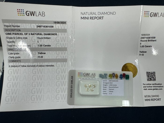 Ingen mindstepris - 5 pcs Diamant  (Naturfarvet)  - 1.05 ct - Rund Gul - I1, I2 - Gemewizard Gemological Laboratory (GWLab) - Gul