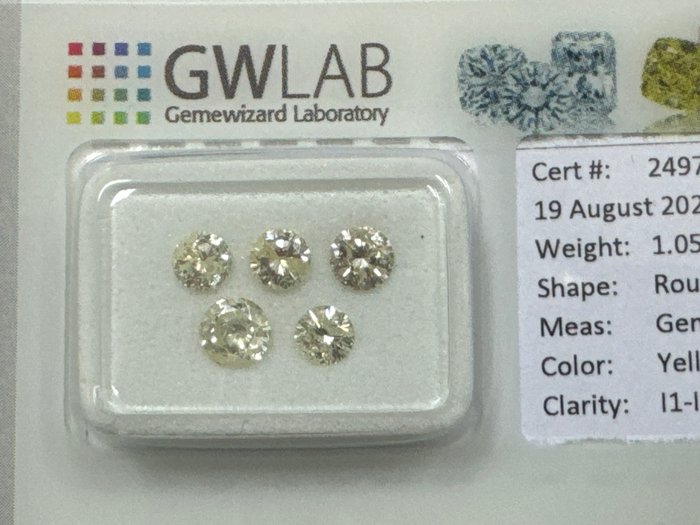 Ingen mindstepris - 5 pcs Diamant  (Naturfarvet)  - 1.05 ct - Rund Gul - I1, I2 - Gemewizard Gemological Laboratory (GWLab) - Gul