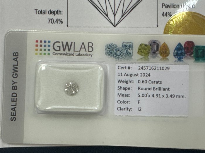 Ingen mindstepris - 1 pcs Diamant  (Natur)  - 0.60 ct - Rund - F - I2 - Gemewizard Gemological Laboratory (GWLab)