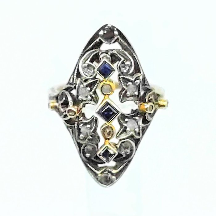 18 kraat Guld - Ring - 008 ct Safir - Diamanter