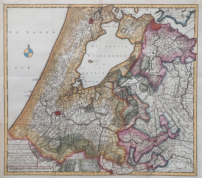 Holland - Rheinland, Amsterdam, Leiden, Haarlem og andre; Isaak Tirion - Nieuwe Kaart van het Hoogheemraadschap Rijnland, als mede van Amstelland en het Waterschap van - 1745