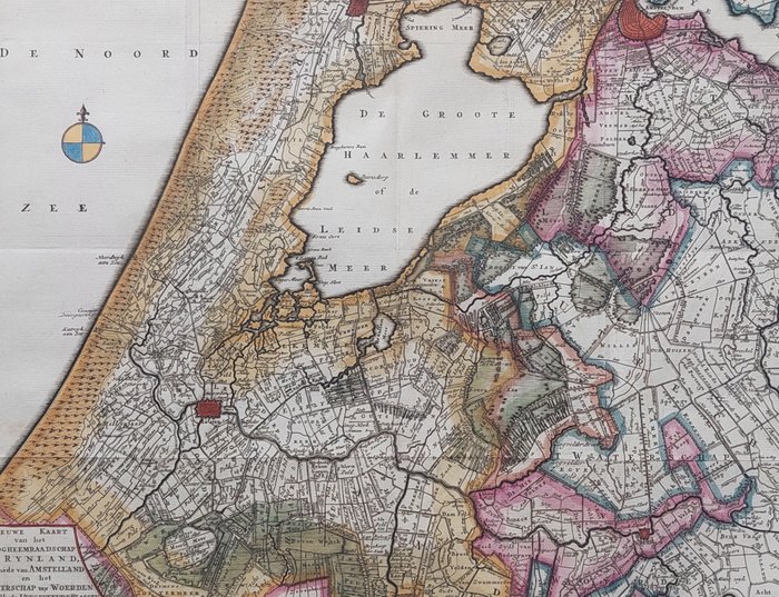 Holland - Rheinland, Amsterdam, Leiden, Haarlem og andre; Isaak Tirion - Nieuwe Kaart van het Hoogheemraadschap Rijnland, als mede van Amstelland en het Waterschap van - 1745