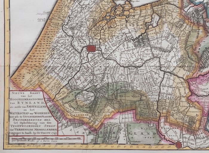 Holland - Rheinland, Amsterdam, Leiden, Haarlem og andre; Isaak Tirion - Nieuwe Kaart van het Hoogheemraadschap Rijnland, als mede van Amstelland en het Waterschap van - 1745