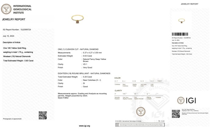 Ring - 14 karat Gulguld -  0.83ct. tw. Diamant (Naturfarvet) - Diamant