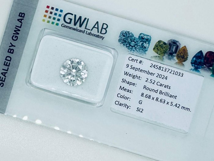 1 pcs Diamant  (Natur)  - 2.52 ct - Rund - G - SI2 - Gemewizard Gemological Laboratory (GWLab)