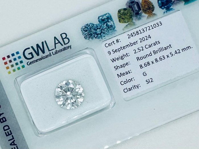 1 pcs Diamant  (Natur)  - 2.52 ct - Rund - G - SI2 - Gemewizard Gemological Laboratory (GWLab)